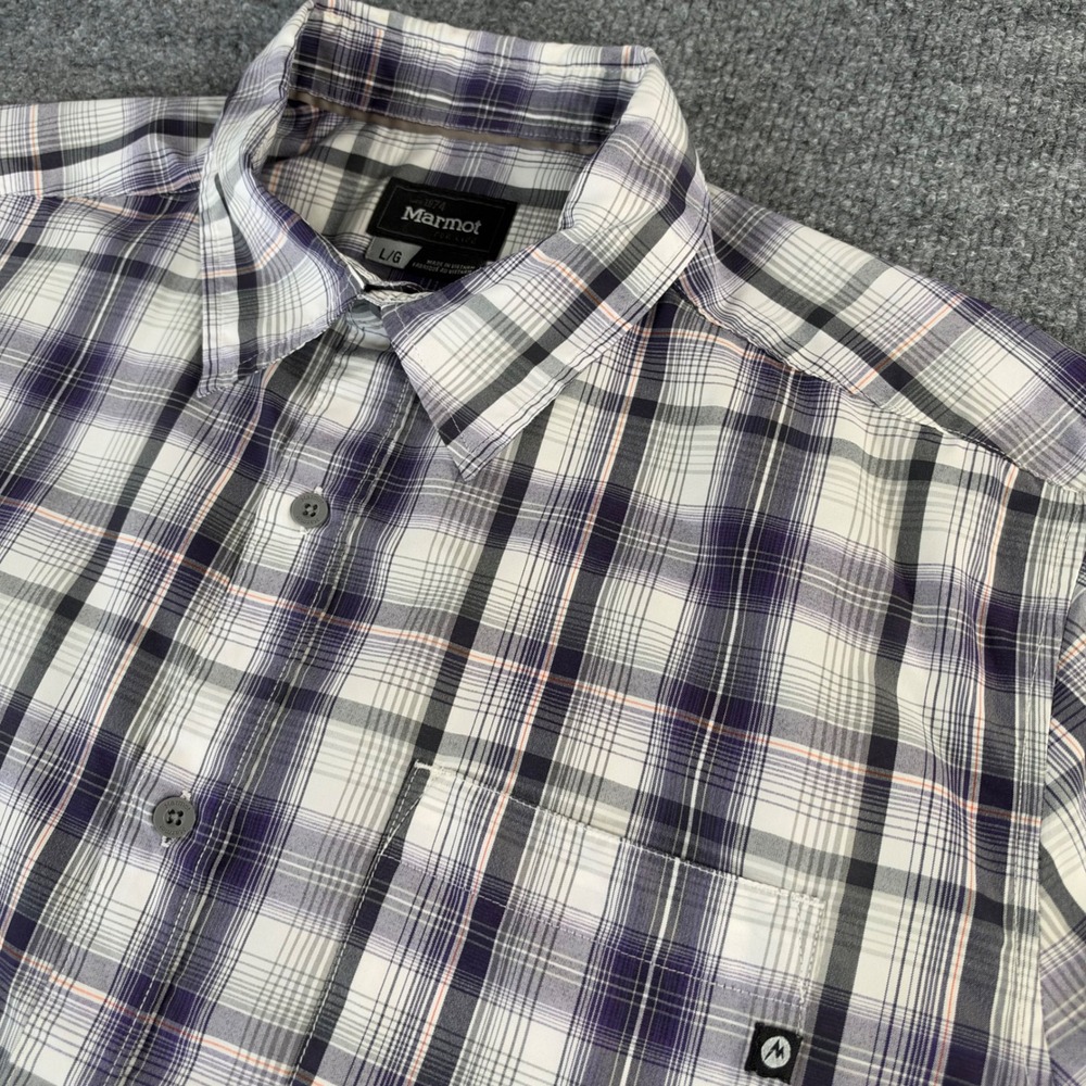 Marmot Button Down Shirt Mens Large Hiking Outdoor Plaid Short Sleeve Purple L